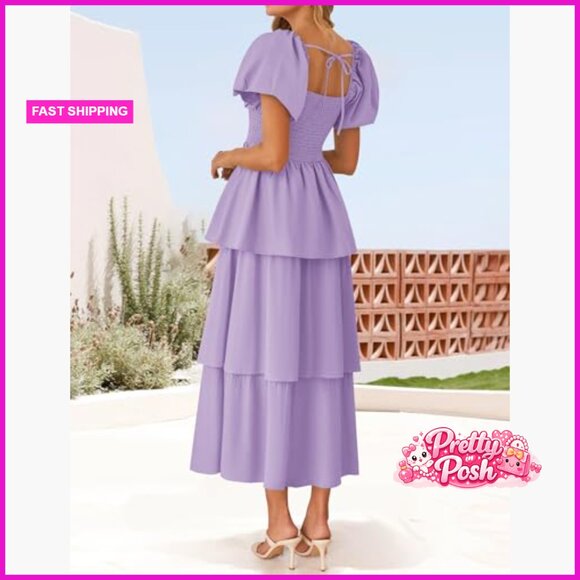 Puff Sleeve Midi Dress Backless Square Neck A-Line Tiered - Picture 6 of 7